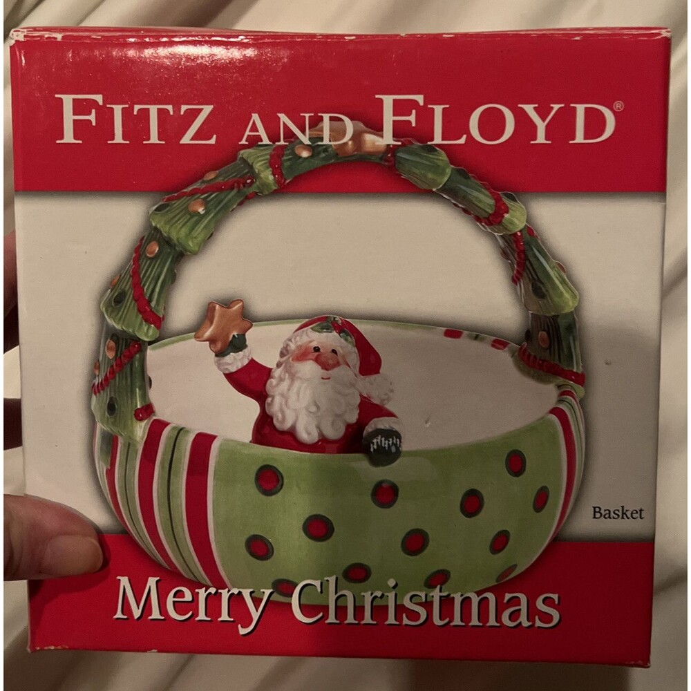 Fitz & Floyd Merry Christmas Santa In Basket Ceramic Candy Dish Bowl W/Handle